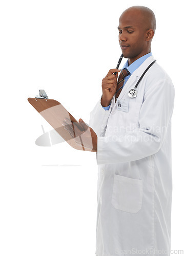 Image of Healthcare, clipboard and man doctor thinking in studio with paper, form or surgery schedule on white background. Medical, documents and health expert with admin for hospital compliance or insurance