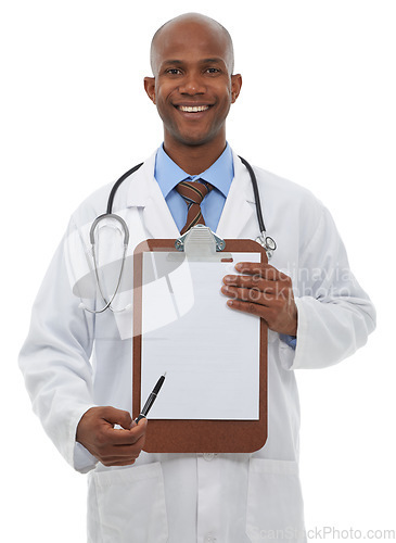 Image of Healthcare, portrait or man doctor with clipboard, pen or signature gesture in studio on white background. Medical, mockup and face of medic with poster for insurance, sign up or hospital compliance