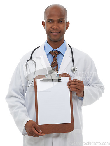 Image of Portrait, healthcare and man doctor with clipboard, paper or form offer in studio on white background. Medical, mockup and face of male medic with poster for insurance, sign up or hospital compliance