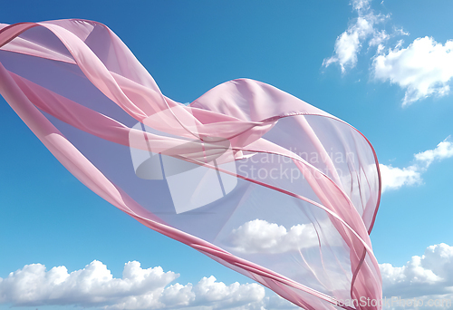 Image of Flying pink transparent fabric wave on blue sky background and i