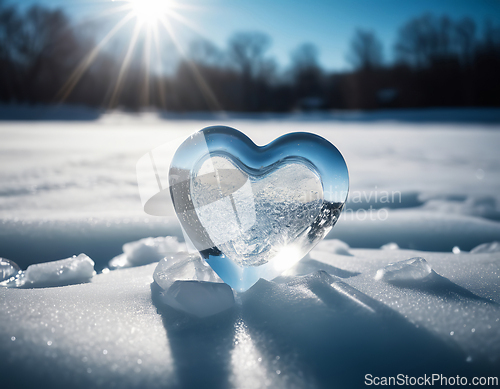 Image of Piece of ice in the shape of a heart against the backdrop of a w