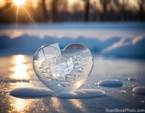 Image of Piece of ice in the shape of a heart illuminated by rays of sun 