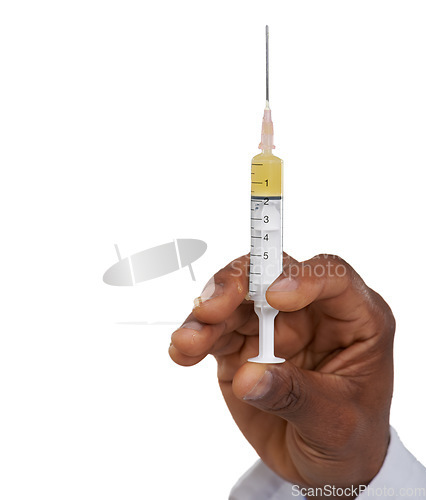 Image of Hand, doctor and person with syringe, vaccine or medicine with drugs and healthcare on white background. Needle, prescription medication and liquid supplement for health and wellness in studio