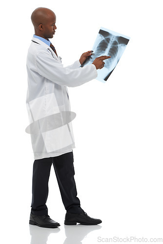 Image of Professional surgeon, xray scan and black man with MRI results of lung evaluation, clinic test or medical exam. Studio, radiologist and African doctor study anatomy assessment on white background