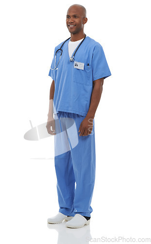 Image of Healthcare, smile and African man doctor in studio for help, guidance or assistance on white background. Medical, consulting and male nurse at hospital for surgery, surgeon internship or career goal