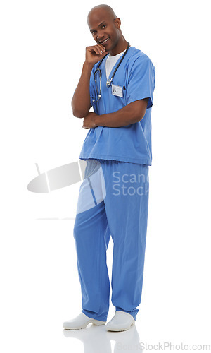 Image of Doctor, thinking and happy portrait with man in healthcare on white background of studio. Confident, nurse and smart surgeon with pride for solution in medicine, clinic or hospital mock up space