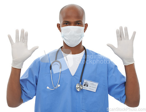 Image of Portrait, uniform and mask with doctor, man and gloves isolated on a white studio background. Face cover, medical and professional with regulations, policy and healthcare with protection and safety