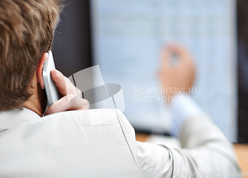 Image of Phone call, business person and computer screen for statistics, online spreadsheet and financial report for advice. An accountant or auditor on mobile with numbers, invoice or revenue or expenses