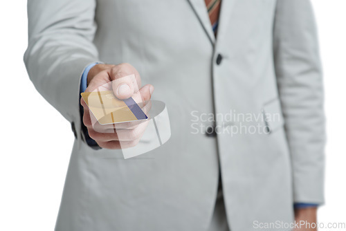 Image of Corporate hands, credit card and studio for payment offer, fintech and professional investment, shopping or commerce. Business person with debit, finance and wealth for banking on a white background