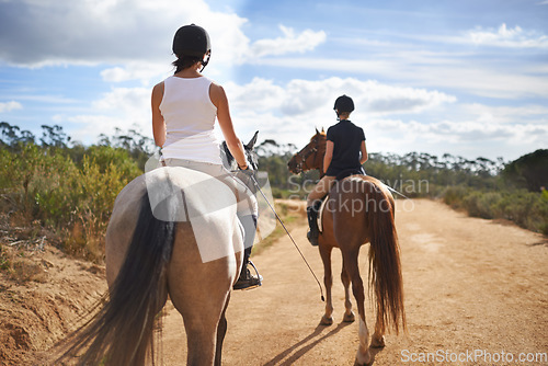 Image of People, horse and countryside for horseback riding in texas, rider and sport training for performance. Farm, rural and nature in outdoor, adventure and animal in gravel, pet care and dirt road