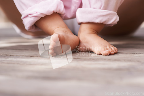 Image of Baby, feet and person with love, relax and child care with toes and outdoor. Family, youth support and young kid with newborn, holding and barefoot with development, toddler and ready for walking