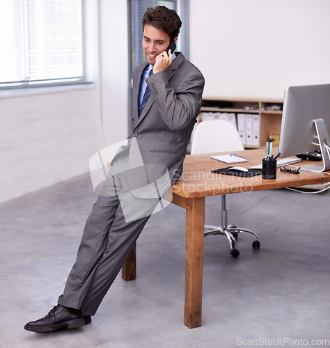 Image of Phone call, thinking and young businessman in the office for legal advice with communication. Technology, smile and professional male attorney on mobile discussion for law case in modern workplace.