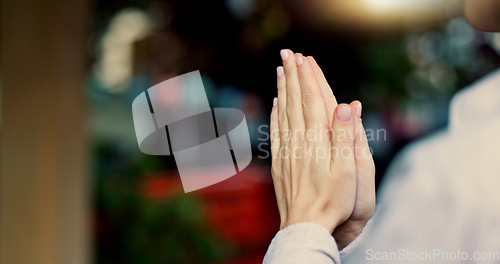 Image of Hands, prayer and closeup for temple for spiritual peace, mindfulness or god gratitude. Person, praise fingers and holy respect for help learning faith for religion, support or forgiveness belief