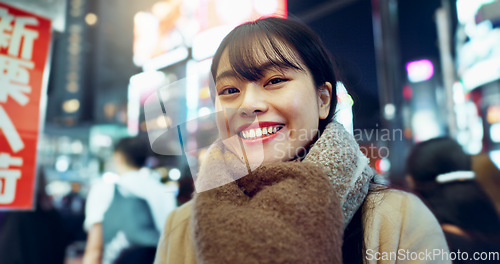 Image of Travel, happy and face of Asian woman in the city on exploring vacation, adventure or holiday. Smile, excited and portrait of young female person with positive attitude in town on weekend trip.