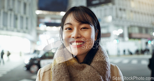 Image of Travel, smile and face of Asian woman in the city on exploring vacation, adventure or holiday. Happy, excited and portrait of young female person with positive attitude in town on weekend trip.