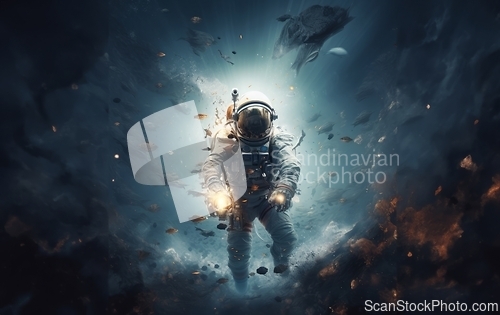 Image of an astronaut and their team exploring mysterious and adventurous locations in space, embarking on a cosmic journey to uncover the wonders and mysteries of the universe.Generated image