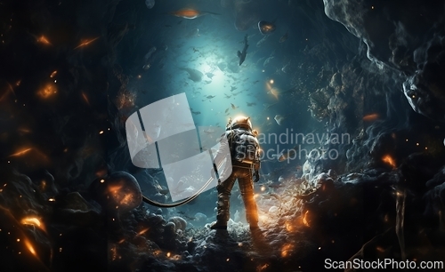 Image of an astronaut and their team exploring mysterious and adventurous locations in space, embarking on a cosmic journey to uncover the wonders and mysteries of the universe.Generated image