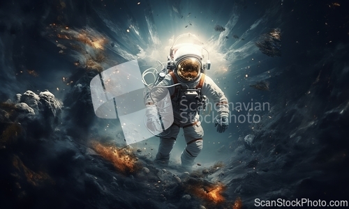 Image of an astronaut and their team exploring mysterious and adventurous locations in space, embarking on a cosmic journey to uncover the wonders and mysteries of the universe.Generated image