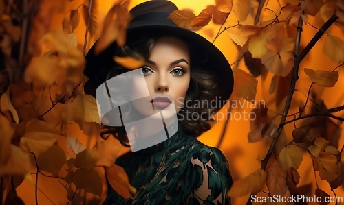 Image of A modern woman with beautiful facial contours, gracefully posed amidst the backdrop of autumn leaves, exuding elegance and serenity in a picturesque outdoor setting.Generated image