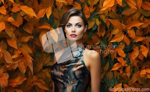 Image of A modern woman with beautiful facial contours, gracefully posed amidst the backdrop of autumn leaves, exuding elegance and serenity in a picturesque outdoor setting.Generated image