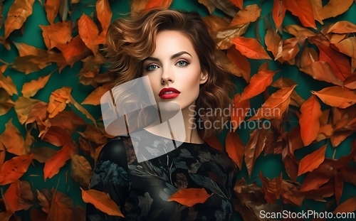 Image of A modern woman with beautiful facial contours, gracefully posed amidst the backdrop of autumn leaves, exuding elegance and serenity in a picturesque outdoor setting.Generated image