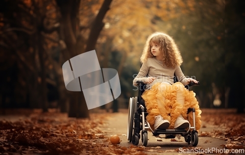 Image of sweet girl confined to a wheelchair, enjoying a beautiful autumn day with a serene and content expression, showcasing her resilience and ability to find joy amidst life's challenges.Generated image