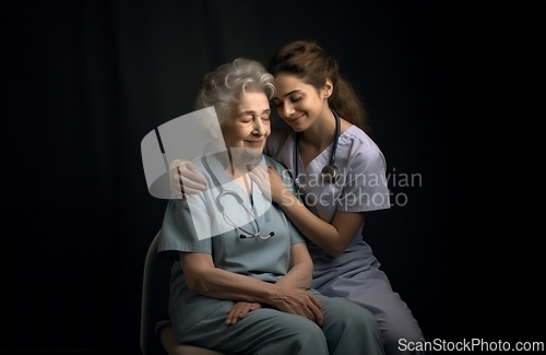Image of A nurse embracing an elderly woman in a dimly lit room, providing her with care, support, and comfort, symbolizing the compassion and empathy inherent in healthcare professions.Generated image