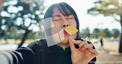 Image of Japanese woman, face and selfie in park for happiness in city, spring and sunshine in outdoor. Young person, smile and portrait with flower for fun, crazy and gen z in urban town for travel leisure