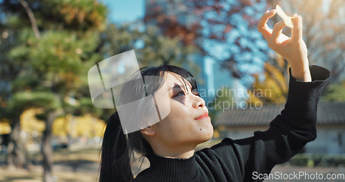 Image of Outdoor, Asian woman and sunshine with a smile, nature and leaf with joy, weekend break and peaceful. Japanese person, outside and girl with sky, summer and happy with fresh air, travel and holiday