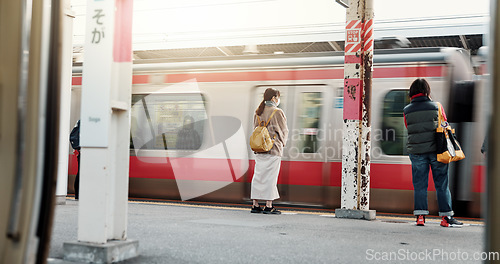 Image of Motion blur, train with people and travel, journey with commute or tourism, public transportation and sightseeing. Platform, traveller at railway station in Japan and adventure with trip on metro