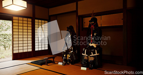 Image of Japan, armor and warrior of samurai gear, statue or protection for tradition or culture. Empty room with Japanese clothing for medieval war in ancient as symbol of honor, courage or strength in dojo