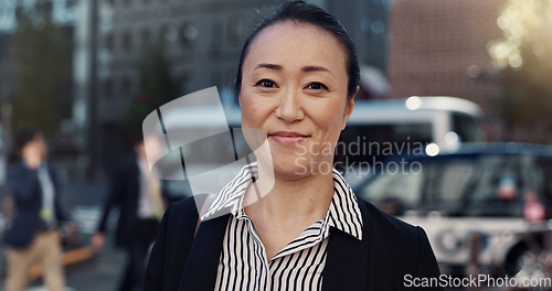 Image of Business, happy and portrait of Japanese woman in city for morning commute, travel and walking. Professional, corporate and worker with ambition, pride and confident for career, work and job in Tokyo