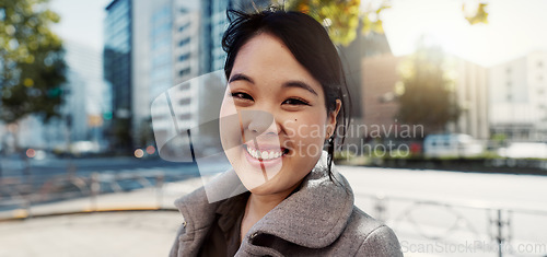 Image of Business, city and portrait of Japanese happy woman for morning commute, travel and walking. Professional, corporate and worker with ambition, pride and confident for career, work and job in Tokyo