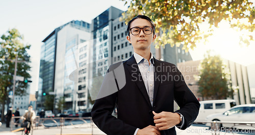 Image of Businessman, portrait and confidence in city street as broker in financial market, professional or Tokyo. Male person, face and corporate career outside business building or sidewalk, worker or pride