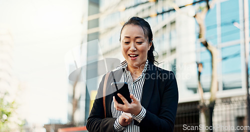 Image of City, business and woman with smartphone, excited and typing with connection, social media and digital app. Japan, person and worker with cellphone, email and reading a blog with contact and travel