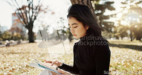 Image of Japanese woman, reading and book on lawn, thinking and relax by tree, park or sunshine with peace. Girl, person or student with story in nature, college or idea with vision, knowledge or campus grass