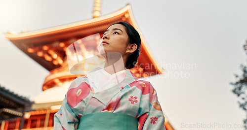 Image of Woman, shinto temple and traditional clothes in culture, building or religion with vision for zen balance. Japanese person, idea and buddhism in faith, mindfulness or thinking with low angle in Kyoto