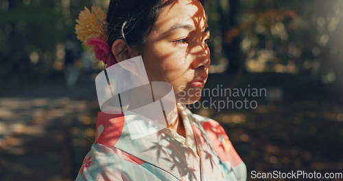 Image of Face, thinking or Asian woman in nature for journey on holiday, vacation for freedom or wellness. Girl, travel or Japanese female person with ideas for calm, peace or inspiration to relax in park