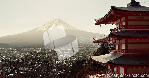 Image of Mountain, landscape and Japanese temple with environment, nature and village in Japan. Traditional, culture and religion, building outdoor and ancient architecture with travel, hill and mockup space