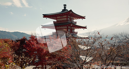 Image of Shinto temple, building and trees in nature for religion, faith and landscape with mountains by sky background. Traditional architecture, praise and worship in environment for culture, peace and calm