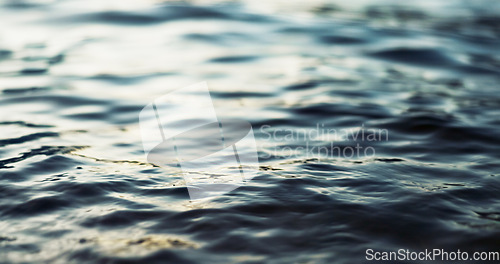 Image of Water, ripple and nature with environment and lake, river or ocean with waves, calm and closeup. Earth, sea and natural background, moving liquid is tranquil and abstract with texture and light