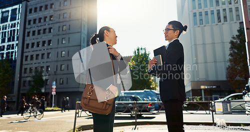 Image of Asian, business people in city and bow for greeting, conversation with travel and commute to work. Professional man, woman and hello in Tokyo, journey and urban street, communication and respect