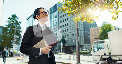 Image of Walking, city and Asian business man with tablet, documents and file for morning commute in urban town. Professional, corporate worker and person thinking on travel for career, work and job in Japan