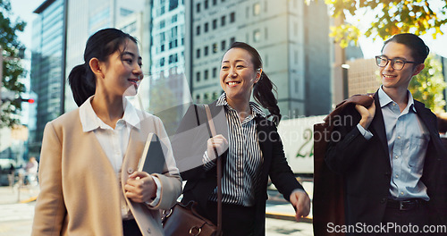 Image of Asian, business people in city and travel, talking and walking with commute to work, conversation and bonding. Journey on urban street, friends chat with communication and happy commuting together