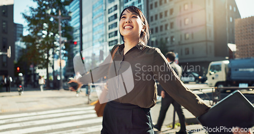 Image of Dancing, happy and business woman in the city for job promotion, celebration or achievement. Smile, good news and professional young Asian female person moving and commuting in urban town road.