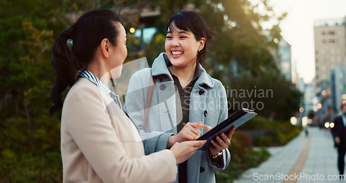 Image of Asian woman, tablet and team on sidewalk in city for communication, research or social media. Business people smile with technology for online search, chat or networking on pavement in an urban town