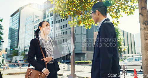 Image of Business people, smile and greeting with meeting, bow and conversation and communication. Outdoor, Japanese group and coworkers with urban town, buildings and staff with travel, commute and smile