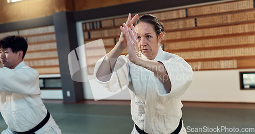 Image of Students learning aikido, fitness and martial arts training class for self defense and discipline. Combat, fight and education, black belt with Japanese people and workout for exercise in dojo