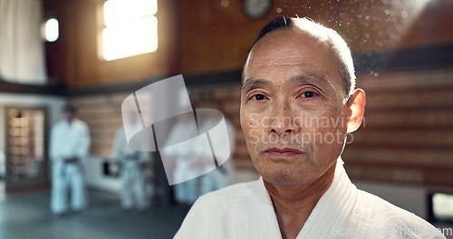 Image of Sensei, aikido and training dojo for martial arts practice or Japanese traditional sport, fighting or health. Male person, gee uniform and face for fitness challenge or power, champion or confidence