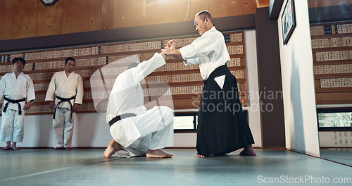Image of Aikido, sensei and Japanese students with discipline, fitness and action in class for defence or technique. Martial arts, people or fighting with training, uniform or confidence for culture and skill